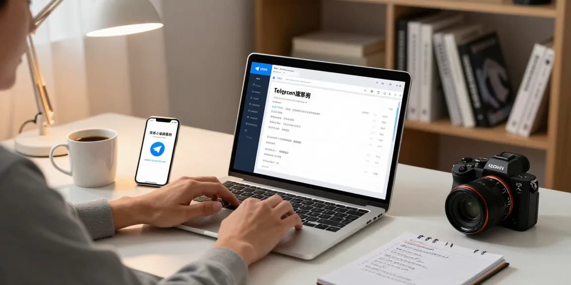 Using Telegram Chinese settings on a laptop in a cozy home office with notifications visible on smartphone.