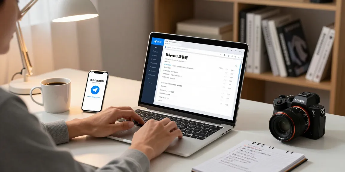 Using Telegram Chinese settings on a laptop in a cozy home office with notifications visible on smartphone.