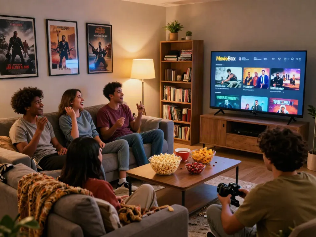 Friends enjoying movie night using MovieBox app in a cozy living room.