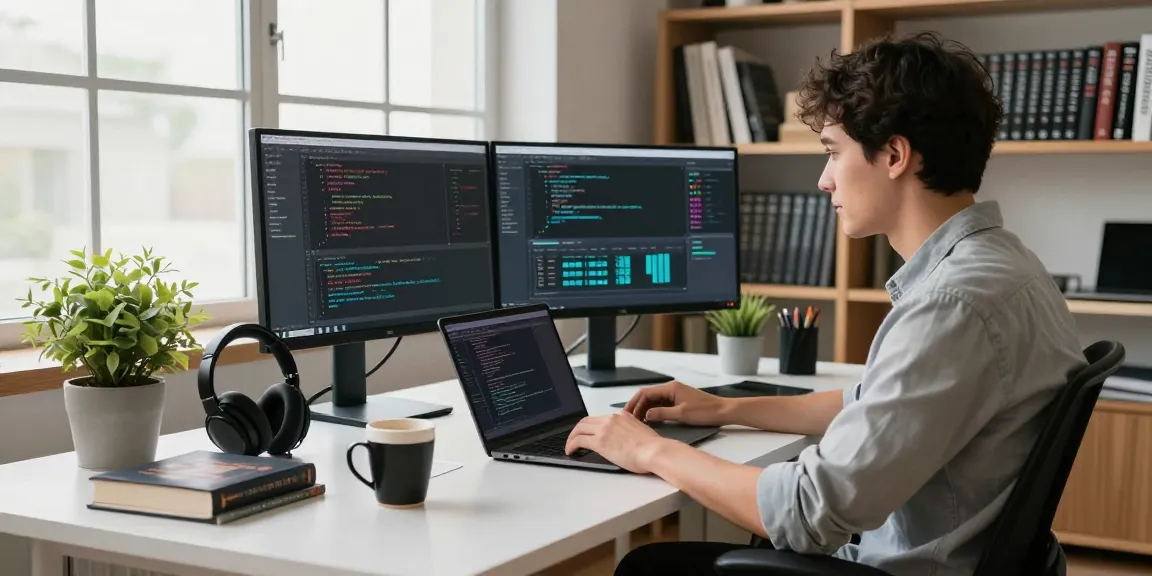 Focused developer coding at the WPS Official Website workspace, showcasing modern tech setup and productivity.