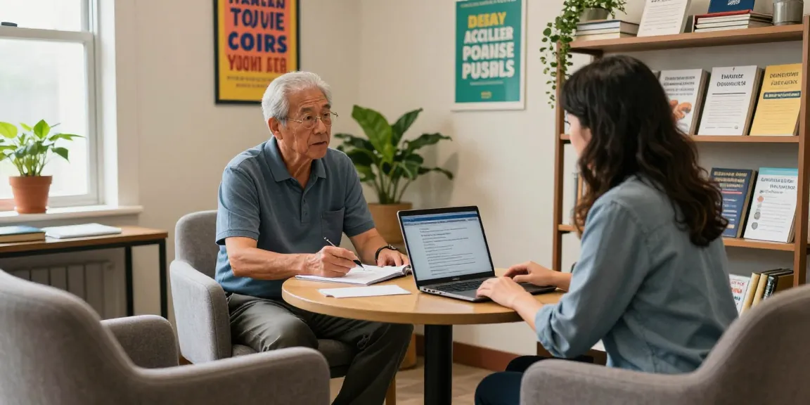 Veteran case management session in a supportive office environment with case manager assisting a veteran.